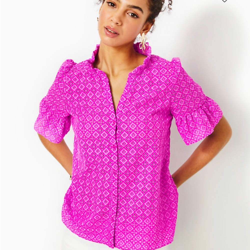 Lilly Pulitzer Caylynn Eyelet Button Down Wild Fuchsia NWT 10